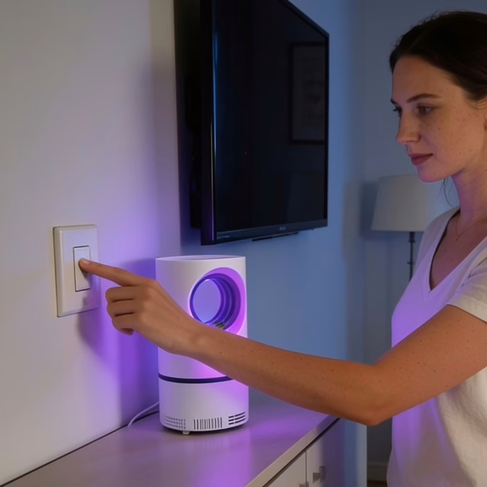 Main éteignant l'éclairage de la pièce, la lampe reste allumée