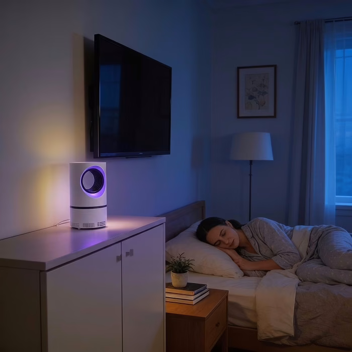 Chambre la nuit avec la lampe allumée pendant que la personne dort