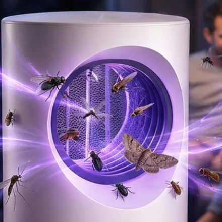Gros plan sur l'ouverture violette de la lampe et les insectes attirés par la lumière