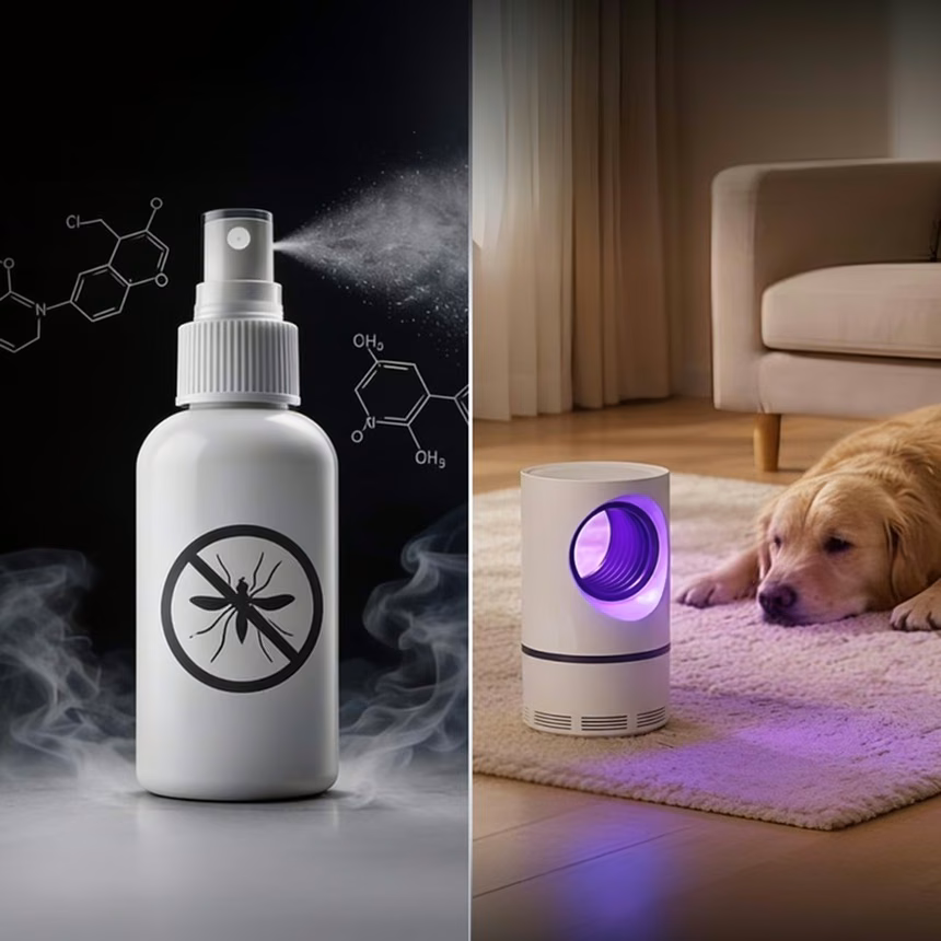 Comparaison entre un spray anti-insectes et la lampe posée près d'un chien endormi