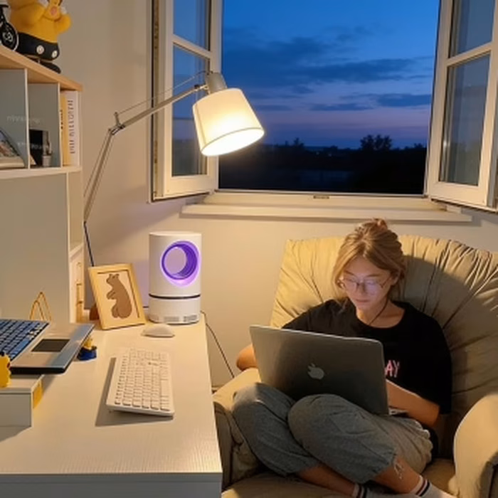 Lampe ZapiTrap allumée sur un bureau étudiant, fenêtre ouverte au crépuscule